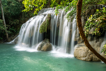 Wall Mural - Erawan water fall (Second floor), tropical rainforest at Srinakarin Dam, Kanchanaburi, Thailand.Erawan water fall is  beautiful waterfall in Thailand. Unseen Thailand - Image