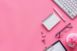 © 9dreamstudio - Female pink work desk flat lay space for text top view
