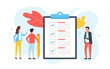 Checklist. Group of people and clipboard with check list and checkmarks. Business plan, marketing strategy, survey, complete tasks, teamwork success concepts. Modern flat design. Vector illustration