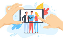 People Taking Photo On Mobile Phone. Hands Holding Smartphone With Group Of People On Screen. Selfie, Social Media, Taking Picture Concepts. Modern Flat Design. Vector Illustration