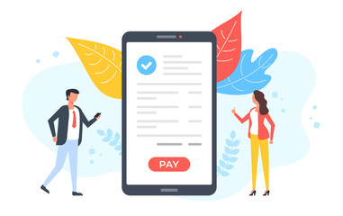Wall Mural - mobile payment. people and smartphone with check mark and pay button on screen. pay with your phone,