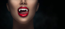 Sexy Vampire Woman's Red Bloody Lips Close-up. Vampire Girl Licking Fangs With Tongue. Fashion Glamour Halloween Art Design. Close Up Of Female Vampire Mouth, Teeth. Isolated On Black Background