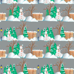 Wall Mural - Seamless pattern New Year Christmas tree, fence, street lamp and Snowman on white background. Watercolor Winter nature illustration. Hand drawn vintage fabric paper texture design.