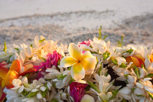 A Lei Of Beautiful Tropical Flowers Rests On A Railing Above A White Sandy Beach
