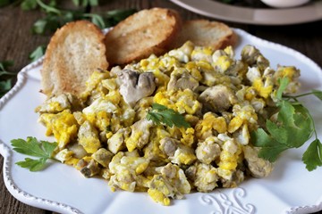 Sticker - Scrambled eggs with brains of a cow, calf or sheep.The recipe for a dish with brains. Brains are pre-washed and boiled in brine with spices. Spanish cuisine sounds like 