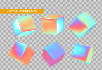 Wall Mural - Cube 3d render, objects with gradient holographic color of hologram. Geometric decorative design elements. Set square block. Realistic isolated on a white background. vector illustration