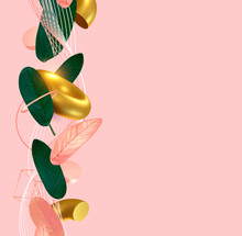 Minimal Pink Background With Green Leaves. 3d Geometric Realistic Objects, Golden Donut, Gold Torus, Leaves Petals. Vector Illustration