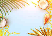 Summer Background With Coconut, Tropical Palm Leaves, Ice Cream, Yellow Flower Petals, Food French Fries. Golden Palm Branches. Composition Realistic Design Elements, 3d Objects. Flat Lay, Top View