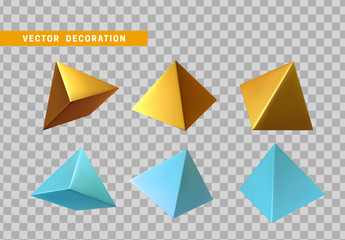Golden and blue Pyramid volumetric. Set 3d Geometric Shapes Objects. Realistic geometry elements. Render Decorative figure for design. vector illustration