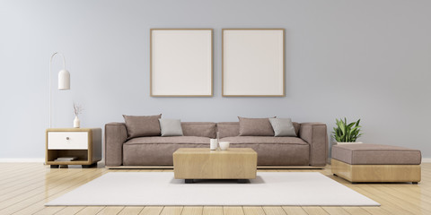 Wall Mural - View of living room space with grey sofa set and wood side table on plain wall with blank picture frame.Perspective of minimal Interior design. 3d rendering.