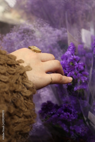 紫色の花に手を添える指輪をつけた女性の手 Stock Photo Adobe Stock