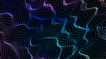 Wall Mural - 3d rendering of abstract wavy dots forming sound wave curve slope with gradient color glowing. conce