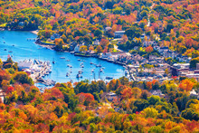 View From Mount Battie Overlooking Camden Harbor, Maine. Beautiful New England Autumn Foliage Colors In October.