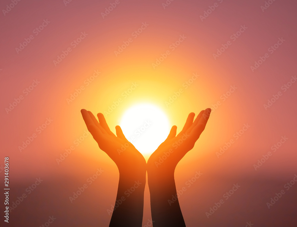 World Mental Health Day concept: Silhouette prayer hands in the sunset sky background - obrazy, fototapety, plakaty 