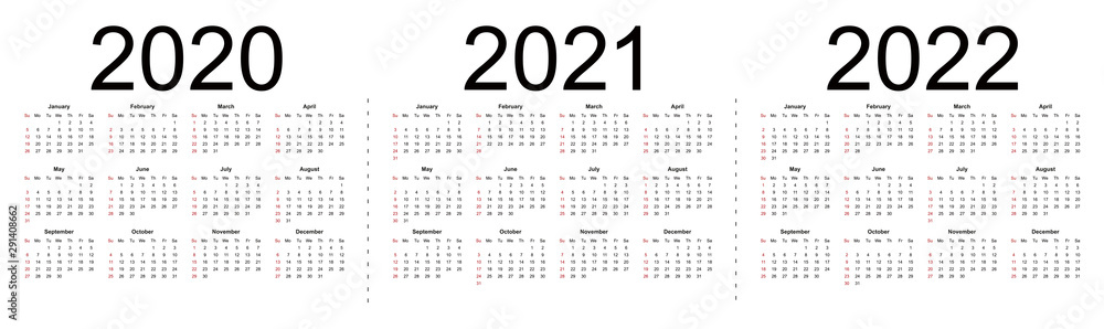 Simple editable vector calendars for year 2020 2021 2022. Week starts from Sunday. Isolated vector illustration on white background. - obrazy, fototapety, plakaty 