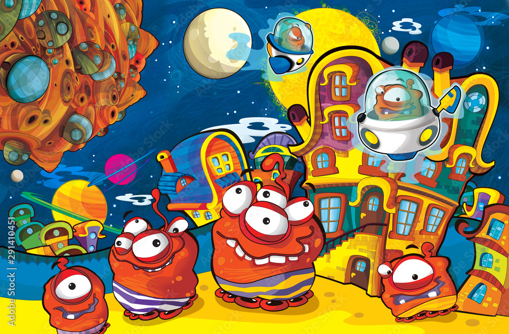 cartoon scene with some funny looking alien flying in ufo vehicle near ...