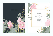 Botanical Wedding Invitation Card Template Design, Pink Alcea Or Hollyhocks Flowers And Golden Grass Flowers On Dark Grey And White