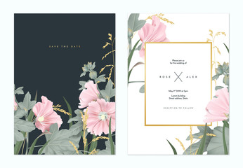 Botanical wedding invitation card template design, pink Alcea or hollyhocks flowers and golden grass flowers on dark grey and white