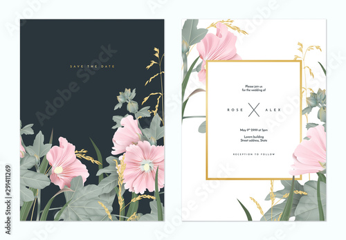 Botanical wedding invitation card template design, pink Alcea or hollyhocks f...