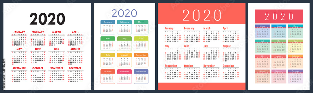 Calendar 2020 year set. Vector square and vertical calender design template. Colorful English collection. Week starts on Sunday - obrazy, fototapety, plakaty 