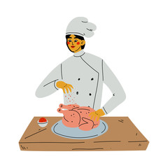 Poster - Professional Female Chef Cooking Chicken, Kitchener Character Wearing Classic Traditional White Uniform Working in Restaurant or Cafe Vector Illustration