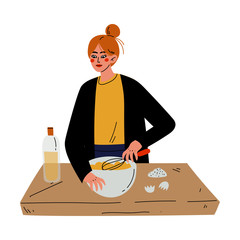 Sticker - Girl Cooking in the Kitchen, Young Woman Mixing Dough in Bowl with Whisk Vector Illustration