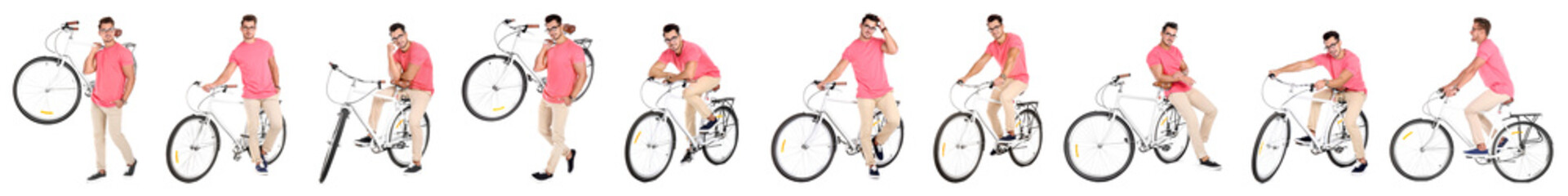 Poster - Collage of handsome young man with bicycle on white background. Banner design