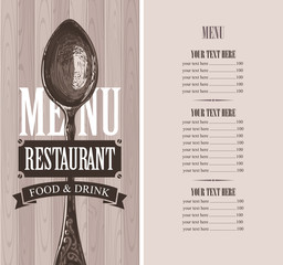 Wall Mural - Vector template menu for restaurant with price list and realistic spoon on wooden background in retro style