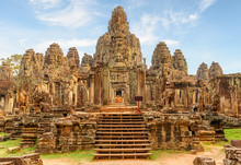 Main View Of Bayon Temple In Angkor Thom, Siem Reap
