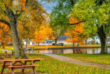 Sticker - Beautiful shot of a lake with colorful Autumn trees around in a park