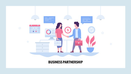Wall Mural - vector web site design template. two businessman make deal and sign contract, business partnership. 