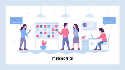 Vector web site design template. Software development company office with scrum board. Agile development, teamwork. Landing page concepts for website and mobile development. Modern flat illustration