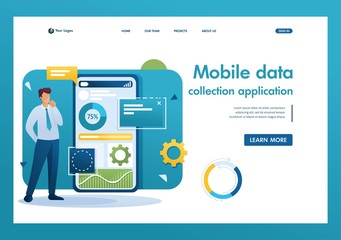 Wall Mural - young man works on a mobile application for data collection and analysis. flat 2d character. landing