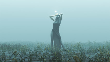 Sticker - Witch Demon Woman with White Eyes and Glowing Orb in Futuristic Haute Couture Dress Abstract Demon Foggy Watery Void with Reeds and Grass background Side View 3d Illustration 3d render