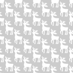 Wall Mural - Seamless christmas Pattern of deers. Vector Background. white Deer Silhouettes on grey.