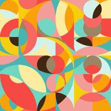 Seamless Pattern In Geometric Pop Style 70s. Abstract Colorful Background. Triangular And Round Elements, Simple Shapes.
