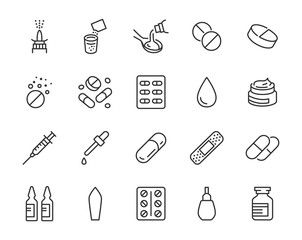 Drug, Pharmacy Medical Line Icons. Vector Illustration Included Icon as Effervescent Pills, Cough Syrup Bottle, Gel, Antibiotic Capsule and other Pharmaceutical Pictogram. Editable Stroke