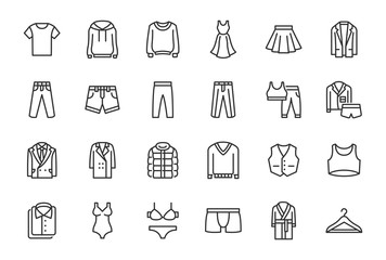 Clothes, Fashion Line Icons. Vector Illustration Included Icon as Jacket, Winter Coat, Sweatshirt, Dress, Hoody, Jeans, Hanger and other Apparel Flat Pictogram for Cloth Store. Editable Stroke