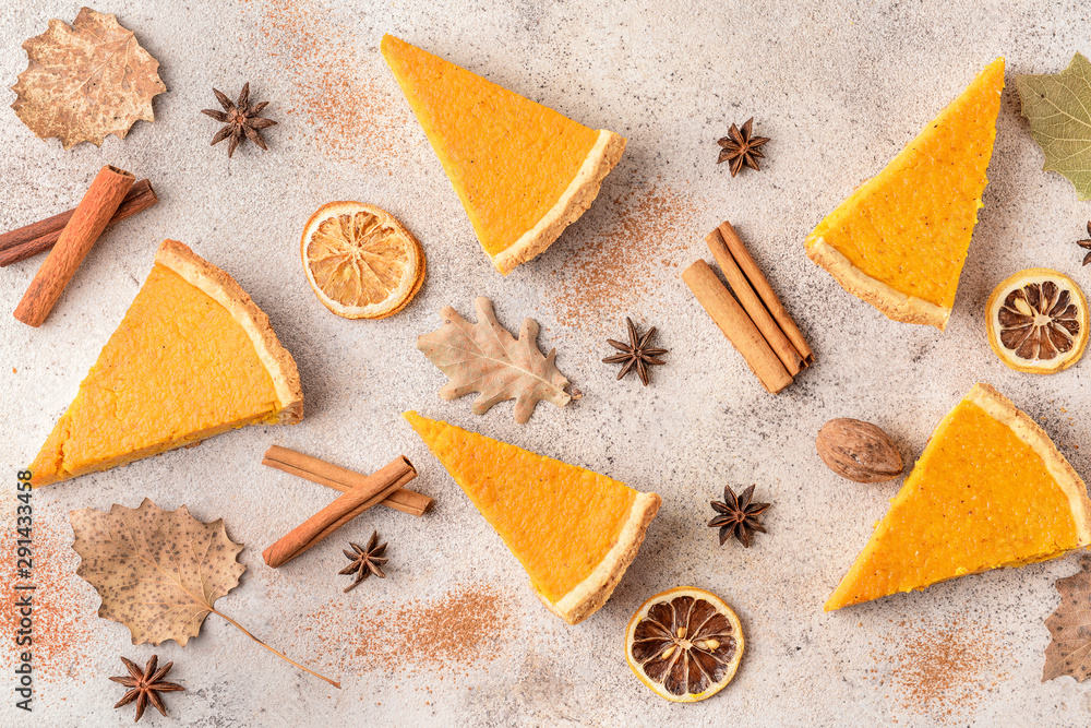 Composition with tasty pumpkin pie on table