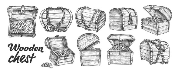 Wall Mural - treasure chest collection monochrome set vector. opened, closed, protected padlock and chain pirate 