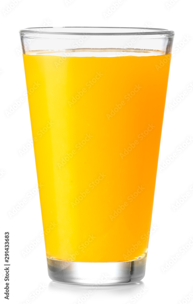 Glass of fresh orange juice on white background