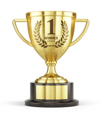 first place gold trophy cup isolated on white background. 3d rendering