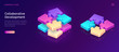 © klyaksun - Collaborative development, isometric business concept vector. Color puzzle elements or icons on ultraviolet background. Teamwork, cooperation, partnership and trust 3d concept