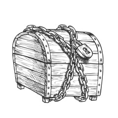 Wall Mural - treasure chest protected metal chain ink vector. ancient old closed pirate wooden chest container. j
