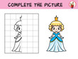 Complete the picture of a beautiful little princess. Copy the picture. Coloring book. Educational game for children. Cartoon vector illustration