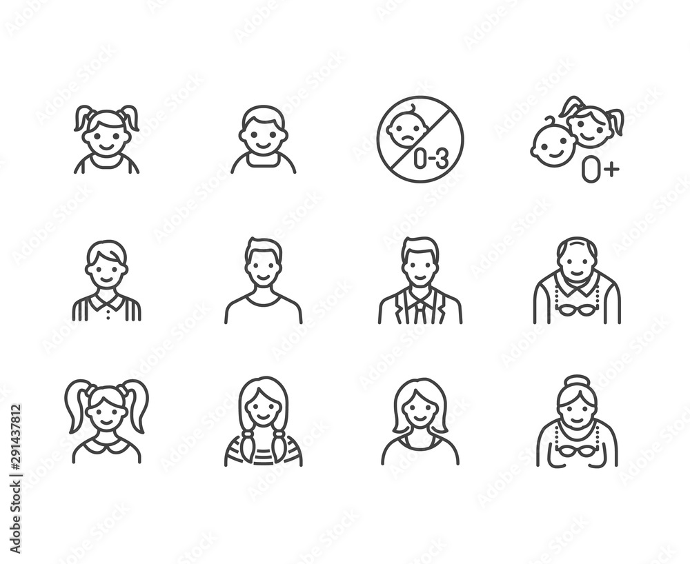 Age Range Vector People age flat line icons set. Growth stage - baby boy, teenage girl ...