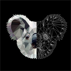 Wall Mural - Low poly triangular koala head on black background, vector illustration isolated.  Polygonal style trendy modern logo design. Suitable for printing on a t-shirt.