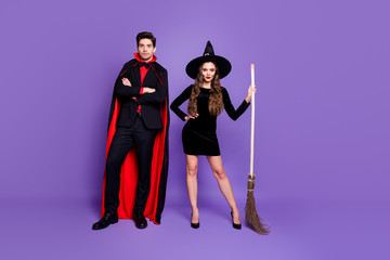 Wall Mural - Full length body size view of his he her she nice-looking attractive trendy serious friends standing with broom isolated over bright vivid shine vibrant blue violet purple lilac color background