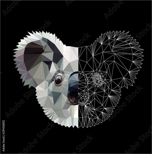 Low poly triangular koala head on black background, vector illustration isolated Poster Mural XXL