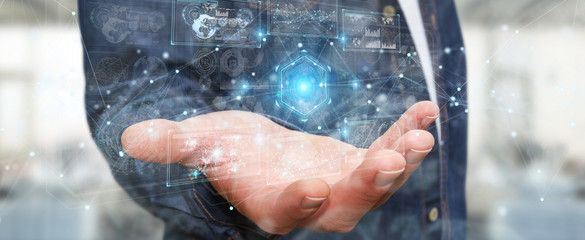 Aufkleber - Businessman using digital technological interface with datas 3D rendering